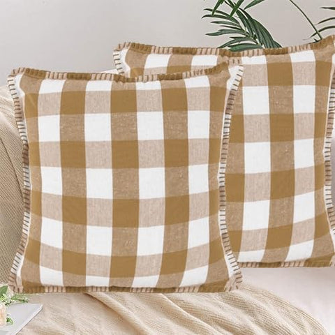 Lushomes Square Cushion Cover with Blanket Stitch, Cotton Sofa Pillow Cover Set of 2, 20x20 Inch, Big Checks, Beige and White Checks, Pillow Cushions Covers (Pack of 2, 50x50 Cms)