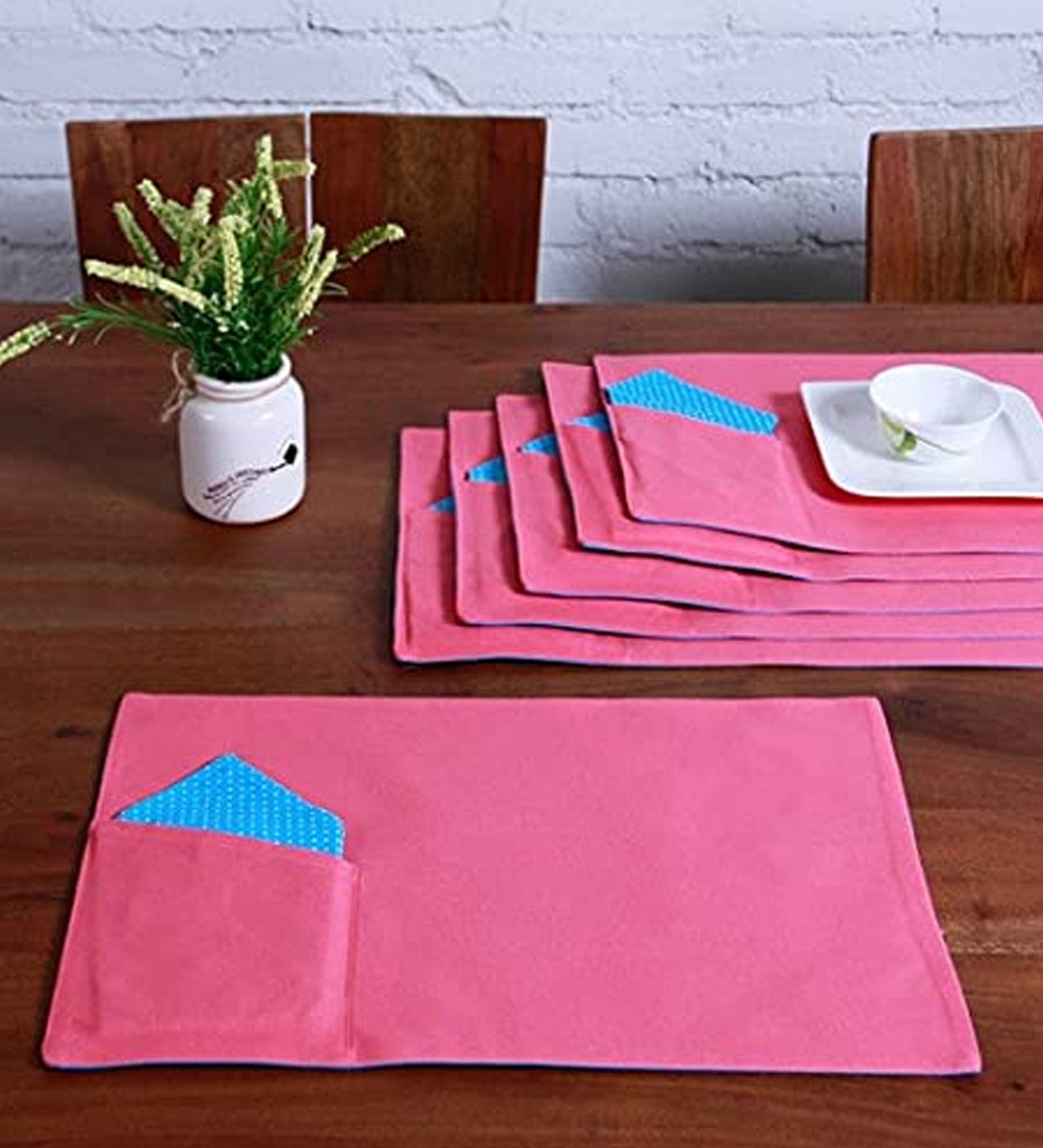 Lushomes table mat and napkins for dining table Set of 12, Fancy Table Mats Online with Pocket and Printed Cloth Napkins, Blue and Pink (6 Pc Placemats,13x19 Inces + 6 Pcs of Napkins, 16x16 Inches)