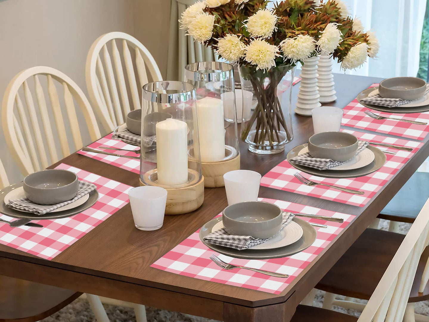 Lushomes Buffalo Checks Pink & White Plaid Dinning Table Place Mats, dish drying mat for kitchen, fridge mat, Apt for 4 seater dining table (Pack of 6 Ribbed Dinning Mats, 13 x 18”, 33 x 48 cms)