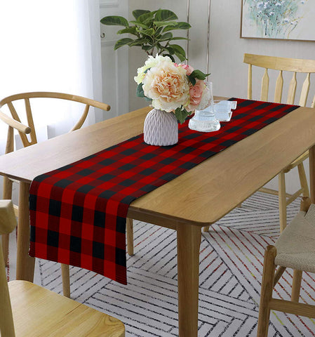 Lushomes Table Runner, Buffalo Checks Royal Red and Black Crochet Ribbed table runner for 6 seater dining table (Single Layer, 13 x 72”, 33 x 183 cms)