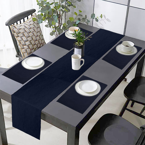Lushomes Table Mat & Table Runner Set, Dining table mats 4 pieces in Size 13x19 Inches, 1 table runner 4 seater In Size 13x51 Inches, dining table accessories for home, For dining(Pack of 5, Blue)