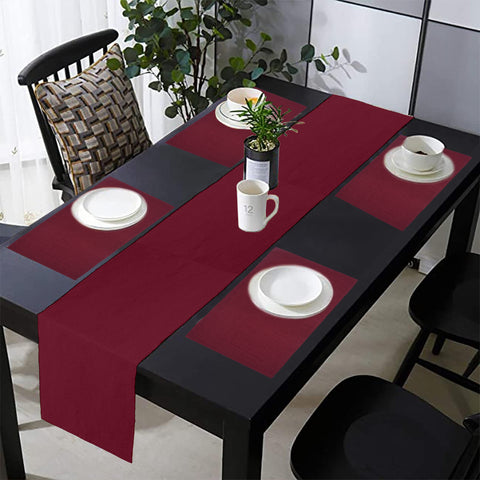 Lushomes Table Mat & Table Runner Set, Dining table mats 4 pieces in Size 13x19 Inches, 1 table runner 4 seater In Size 13x51 Inches, dining table accessories for home, For dining(Pack of 5, Maroon)