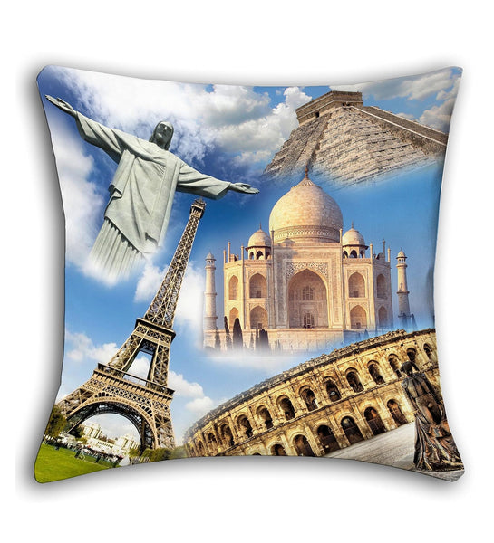 Lushomes cushion covers 16 inch x 16 inch, cusion covers for sofa 16" 16 Digital Printed Wonders of The World Square Festive and Ethnic Cushion Covers (5 Pcs, Size: 16''x16'')