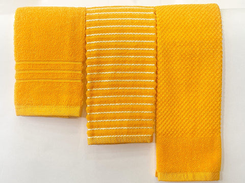 Lushomes Cotton Kitchen Towels, Hand Towel Set of 6, Napkin for Hand Towels, hand towel for wash basin, face towel for men (Pack of 3, 34 x 51 cms, Golden Yellow)