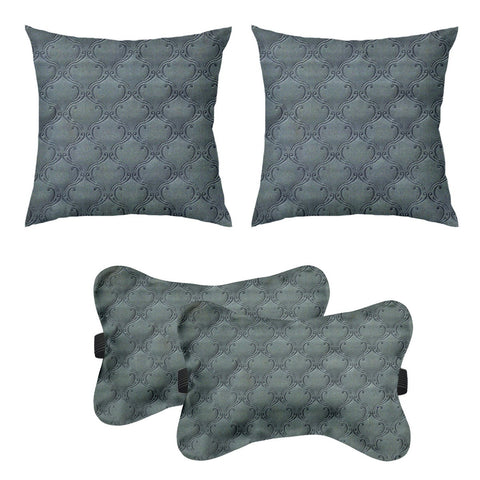 Lushomes Car Cushion Pillows for Neck, Back and Seat Rest, Pack of 4, Embossed Leatherlike Fabric 100% Polyester Material, 2 PCs Bone Neck Rest: 6x10 Inches, 2 Pcs of Car Cushion: 12x12 Inches, Grey