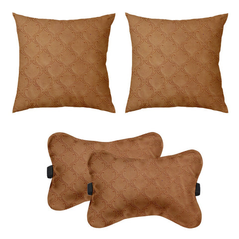 Lushomes Car Cushion Pillows for Neck, Back and Seat Rest, Pack of 4, Embossed Leatherlike Fabric 100% Polyester Material, 2 PCs Bone Neck Rest: 6x10 Inches, 2 Pcs of Car Cushion: 12x12 Inches, Beige