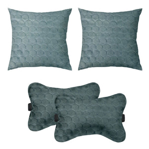 Lushomes Car Cushion Pillows for Neck, Back and Seat Rest, Pack of 4, Embossed Leatherlike Fabric 100% Polyester Material, 2 PCs Bone Neck Rest: 6x10 Inches, 2 Pcs of Car Cushion: 12x12 Inches, Grey