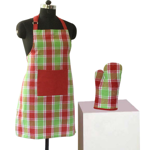 Lushomes Checks red and Green Kitchen Cooking Apron Set for Women,  apron for kitchen, kitchen apron for women,  (2 Pc Set, Oven Glove 17 x 32 cm, Apron 60 x 80 cms)