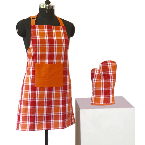 Lushomes Checks red and Orange Kitchen Cooking Apron Set for Women,  apron for kitchen, kitchen apron for women,  (2 Pc Set, Oven Glove 17 x 32 cm, Apron 60 x 80 cms)