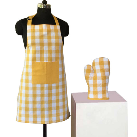Lushomes Checks Yellow Kitchen Cooking Apron Set for Women,  apron for kitchen, kitchen apron for women (2 Pc Set, Oven Glove 17 x 32 cm, Apron 60 x 80 cms)