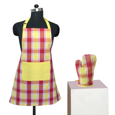 Lushomes Checks red and Yellow Kitchen Cooking Apron Set for Women,  apron for kitchen, kitchen apron for women,  (2 Pc Set, Oven Glove 17 x 32 cm, Apron 60 x 80 cms)