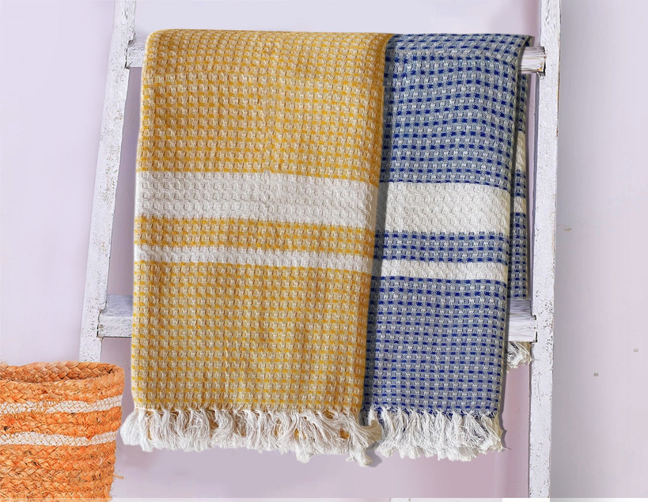 Lushomes towels for bath, Cotton  Bath Towel Checks Combo, towels for bath large size, Yellow Blue Combo, towels for bath, bath towel (Pack of 2, Size 70 x 150 cms)