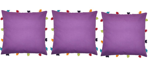 Lushomes Royal Lilac Cushion Cover with Colorful tassels (3 pcs, 14 x 14”) - Lushomes