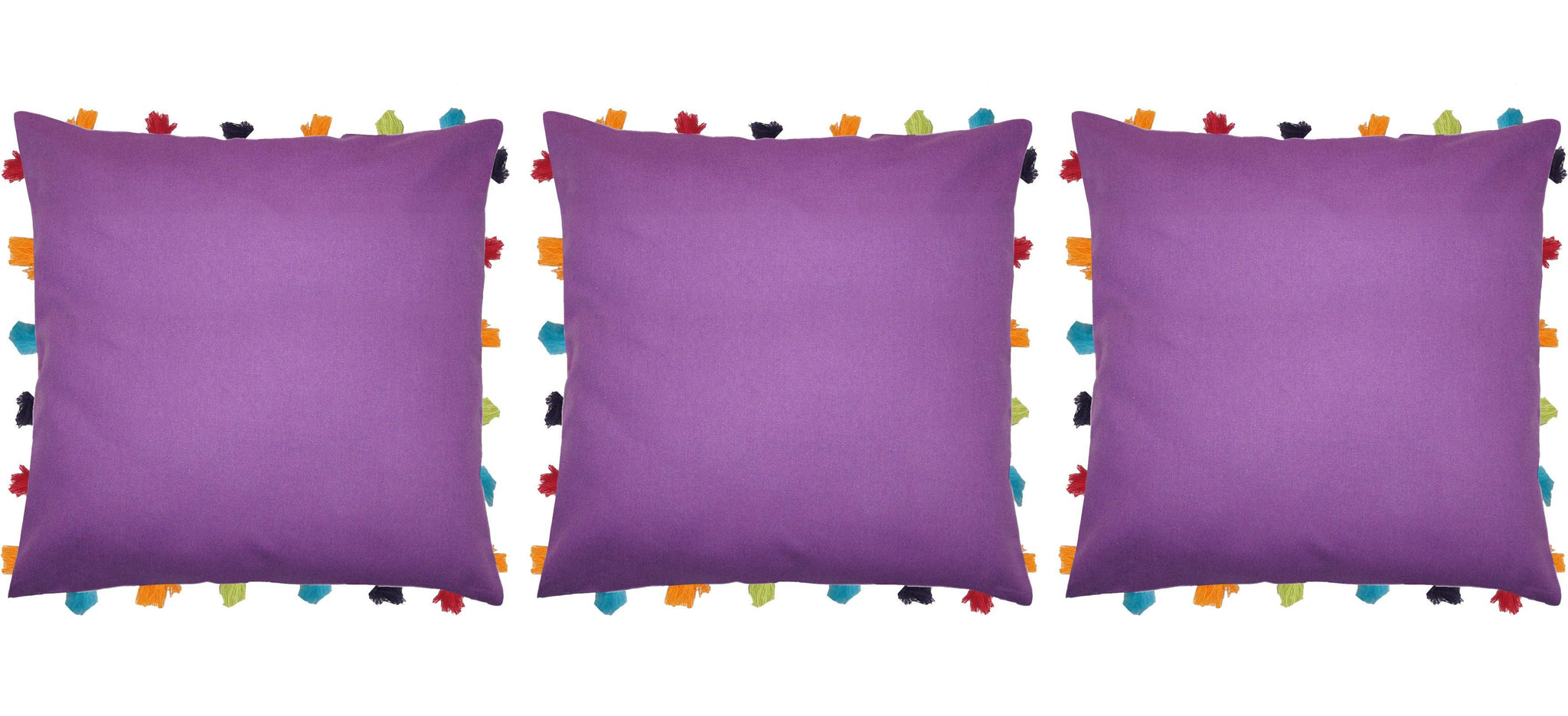 Lushomes Royal Lilac Cushion Cover with Colorful tassels (3 pcs, 18 x 18”) - Lushomes