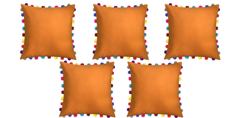 Lushomes Sun Orange Cushion Cover with Colorful Pom poms (5 pcs, 24 x 24”) - Lushomes