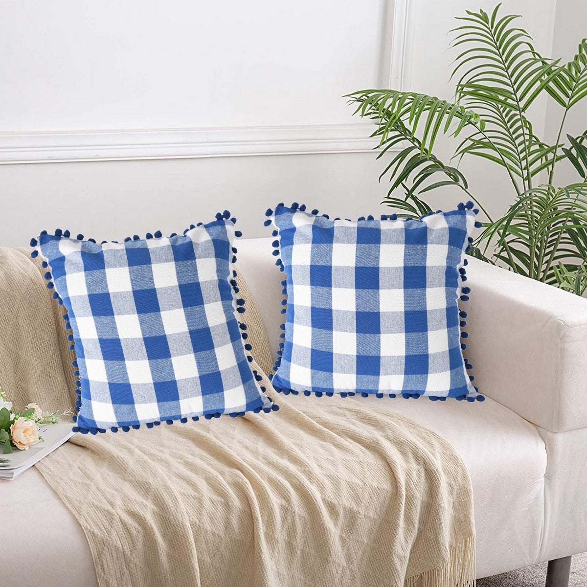 Lushomes Square Cushion Cover with Pom Pom, Cotton Sofa Pillow Cover Set of 2, 24x24 Inch, Big Checks, Blue and White Checks, Pillow Cushions Covers (Pack of 2, 60x60 Cms)