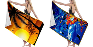 Lushomes Microfiber Bath Towel, 2 Pc Printed Set, Ultra Absorbant hair and Face Towel, Quick Dry, Soft, Travel Towel, For Men and Women, 70 x 140 Cms, Sunset and Marine Design.